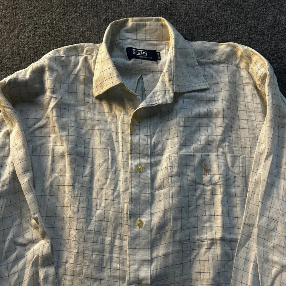 Polo Ralph Lauren Shirt Mens 16.5-34 White Blue Windowpane Check Long Sleeve